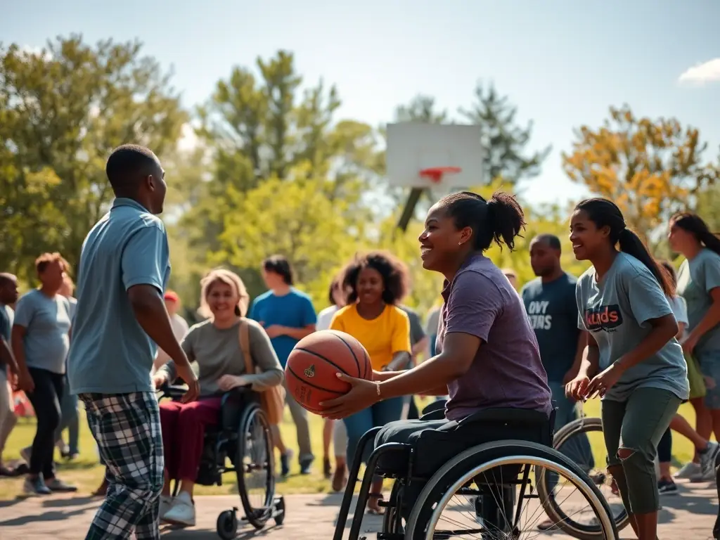 People with disabilities participating in a community leisure activity, such as a sports event or a cultural outing, highlighting social inclusion.