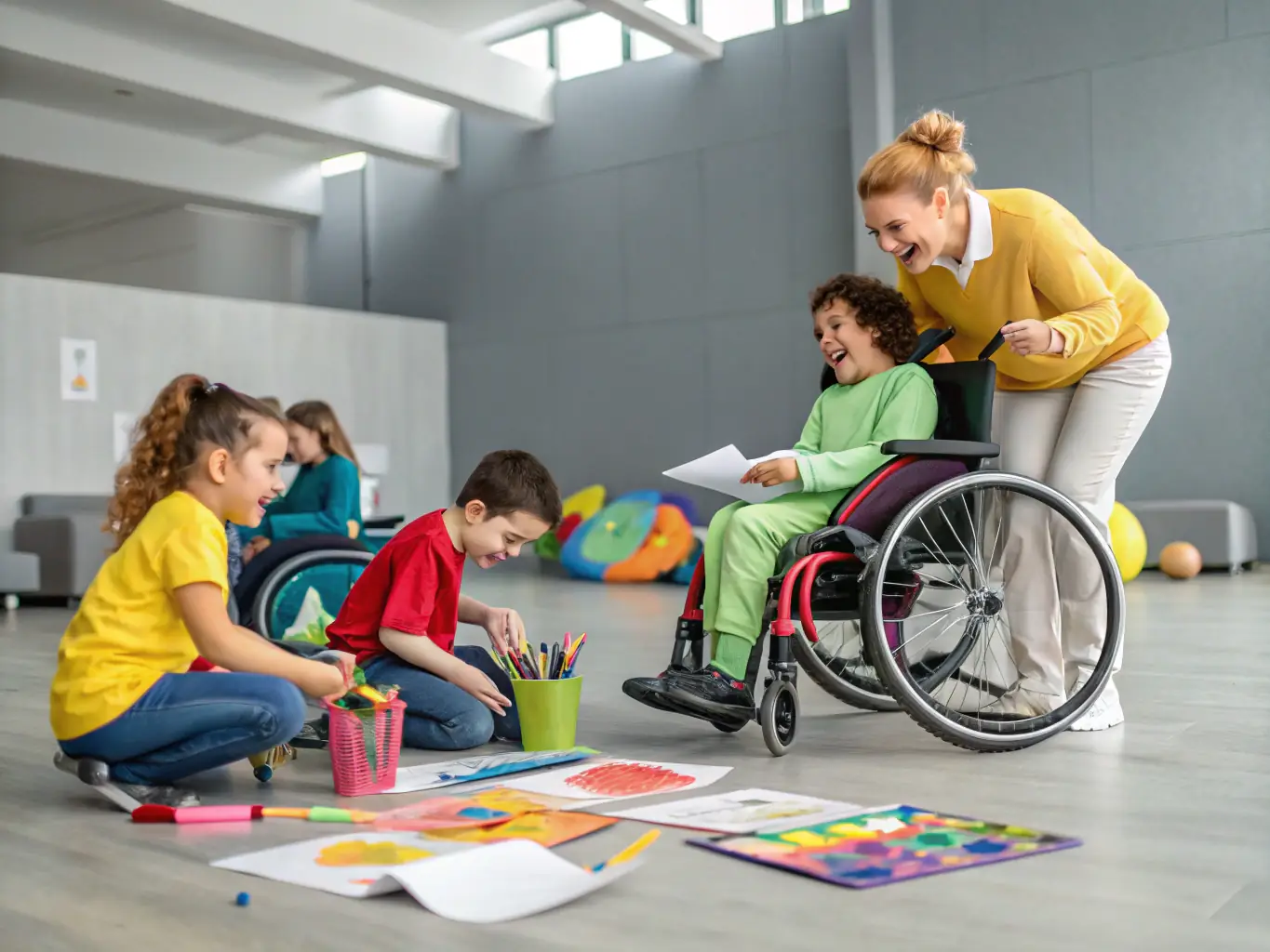 A group of students with disabilities participating in a collaborative art project in a classroom setting, showcasing inclusive education.