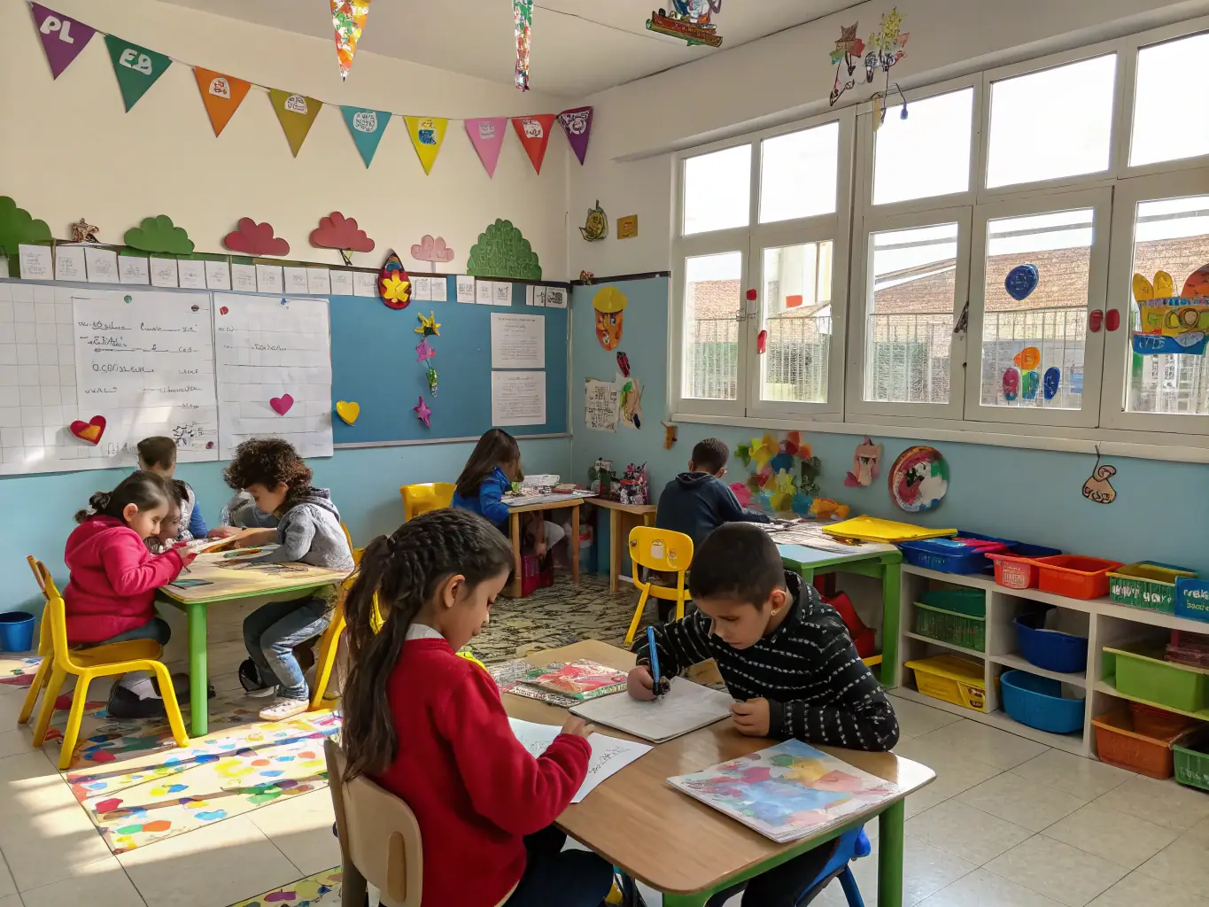 A photograph depicting a group of students with and without disabilities participating in a collaborative art project in a classroom setting, showcasing inclusive education.
